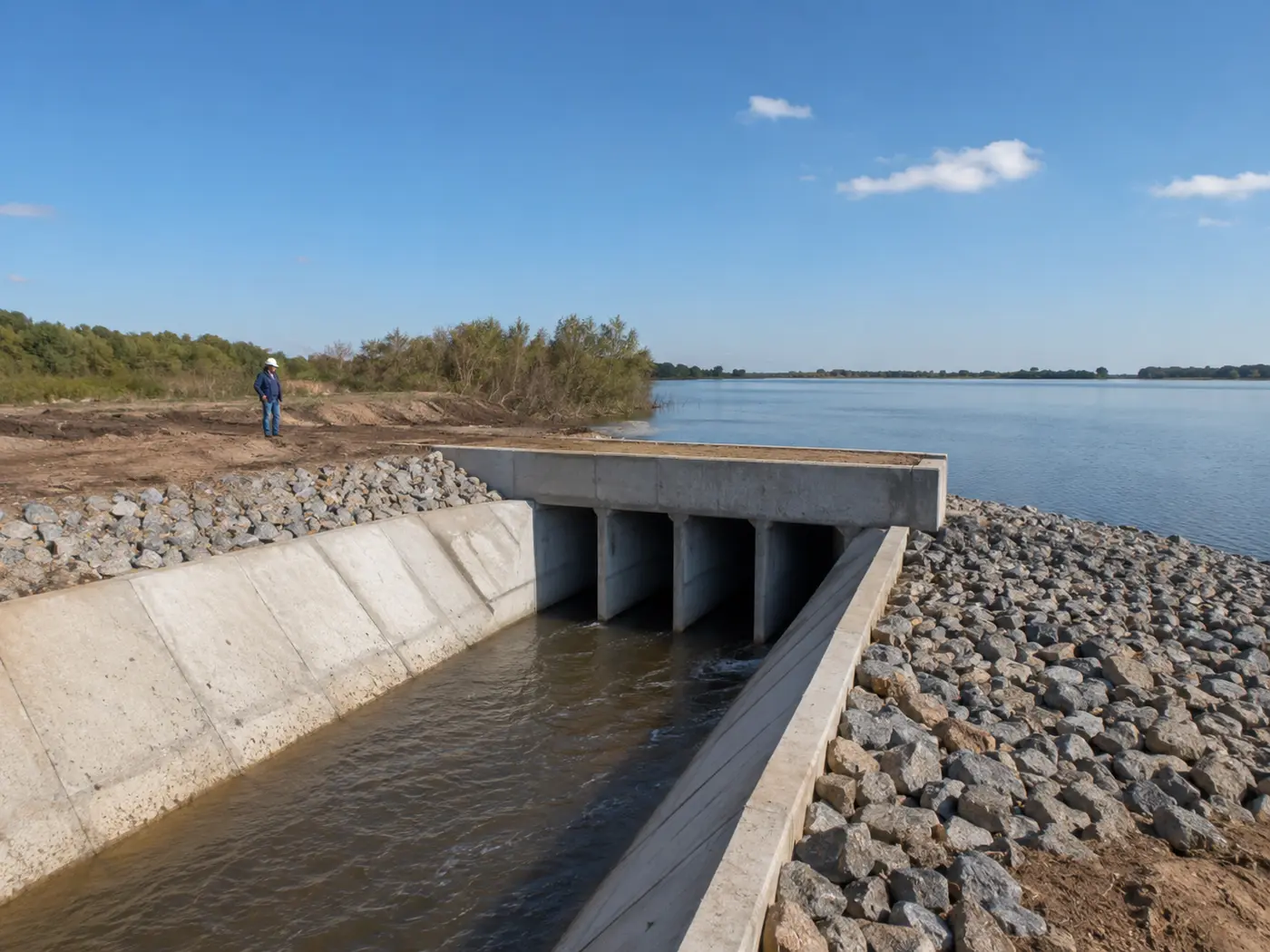 Estructura de descarga hidráulica junto a un curso de agua
