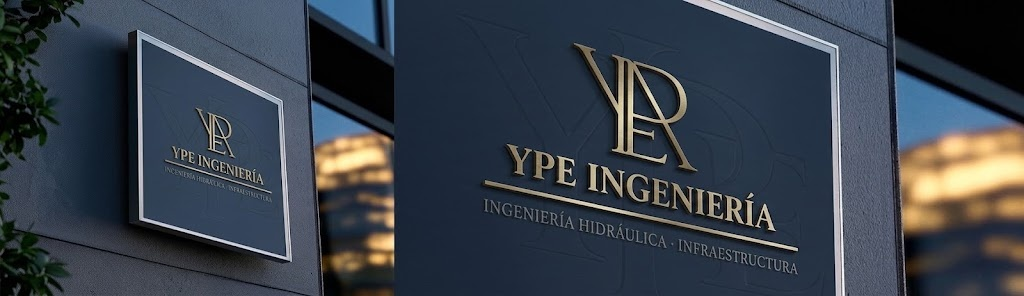 Placa institucional de YPE Ingeniería con el monograma y la especialidad Ingeniería Hidráulica e Infraestructura